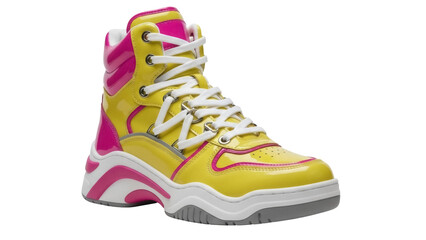 Isolated yellow and pink high-top fashion sneaker with chunky sole and laces for women