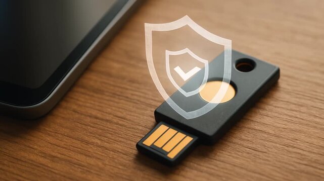 blockchain based system security concept. Secure USB key with shield symbol on a wooden surface.