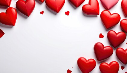 Scattered Red Hearts on White Background for Romance and Love.