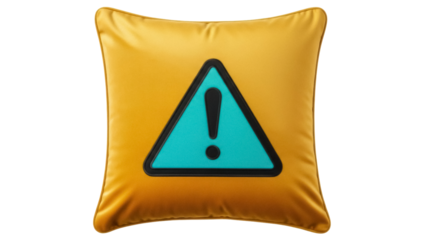 Isolated vibrant yellow pillow with a warning sign, bringing a touch of playful caution to decor