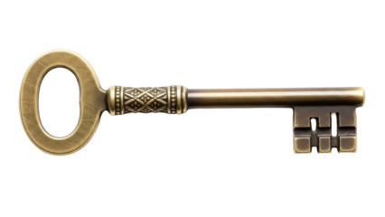 Isolated antique skeleton key, ornate metal design, vintage style, old-fashioned look, classic