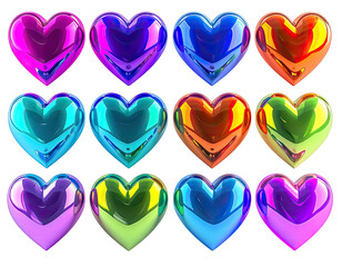 Twelve glossy, colorful hearts arranged in a 3x4 grid on a black background