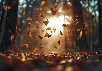 Golden Leaves Dancing in Autumn Forest with Sunlight Filtering Through Trees