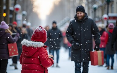 christmas street charity event with volunteers giving gifts to poor children, snow-covered surroundings and true spirit of giving. High quality
