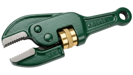 Isolated green plumbers' wrench tool, an adjustable spanner with jagged jaws, metal equipment