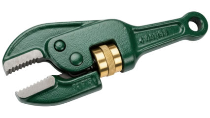 Isolated green plumbers' wrench tool, an adjustable spanner with jagged jaws, metal equipment