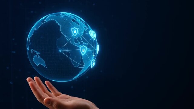 blockchain based system security concept. Hand interacting with a digital globe showcasing network security.