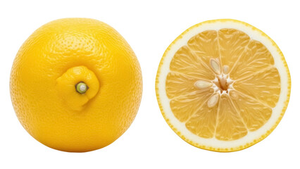 Isolated Meyer lemon citrus fruit, whole and halved section, with pulp and seeds visible