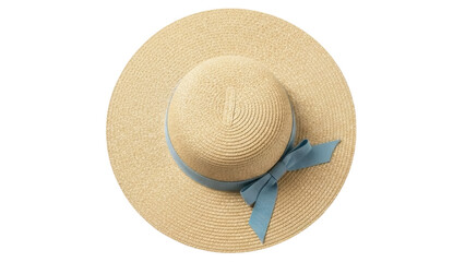 Isolated straw hat with ribbon, blue bow, summer headwear, stylish sun accessory, fashion, apparel