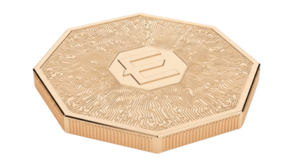 Isolated golden octagon coin with electronics pattern, cryptocurrency, technology token design