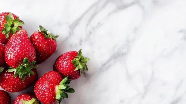 Fresh ripe strawberries with green leaves on a white marble surface.