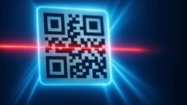 blockchain based system security concept. Digital QR code glowing in a futuristic design with blue light effects.