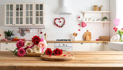 Romantic kitchen interior decorated with roses and heart ornaments for Valentines Day.