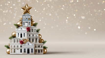 Festive arrangement of miniature houses shaped like a Christmas tree, adorned with golden ornaments and a star, creating a whimsical holiday decoration concept