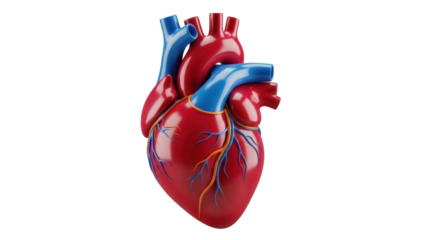 Isolated anatomical heart 3D render model, blood flow diagram for physiology textbooks