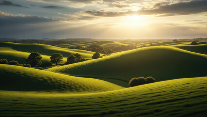 Rolling Green Hills Landscape at Sunset Golden Hour Serenity