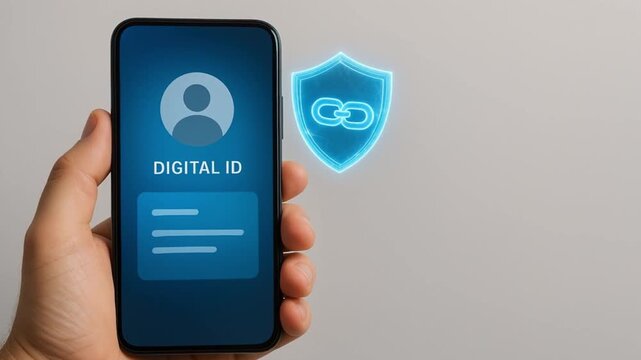 blockchain based system security concept. Digital ID displayed on a smartphone with security features.