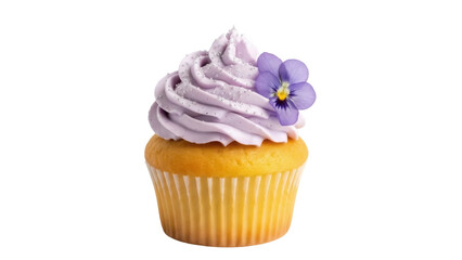 Isolated cupcake with purple frosting and violet flower, dessert treat for celebration