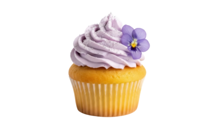 Isolated cupcake with purple frosting and violet flower, dessert treat for celebration