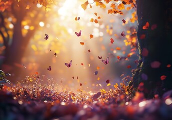 Vibrant Autumn Scene with Butterflies and Falling Leaves in Sunlit Forest