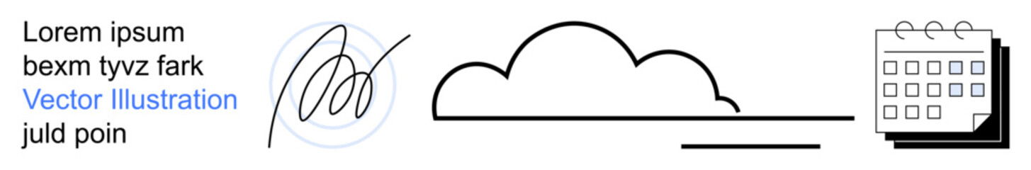 Digital documentation, cloud storage, time management, online approvals, workflow automation, file organization. Hand-drawn signature, cloud symbol and stacked calendar . Documentation and cloud