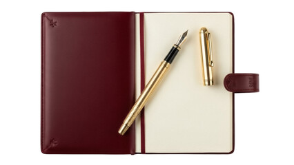 Isolated stationery set of bound journal with gold fountain pen and cap atop open pages