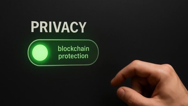 blockchain based system security concept. Interactive privacy button with blockchain protection feature.