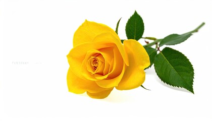 A vibrant yellow rose with green leaves isolated on a white background.