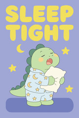 Sleep Tight Concept with Cute Green Dinosaur in Stars Pajamas Holding a Pillow for Good Night Bedtime and Relaxation