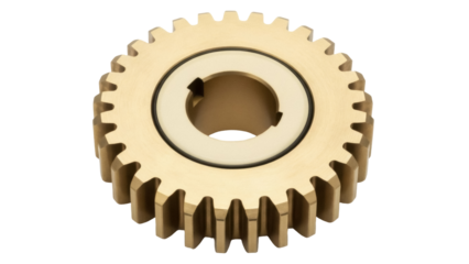 Isolated gold-colored gear or cogwheel on a neutral background with metallic center disk