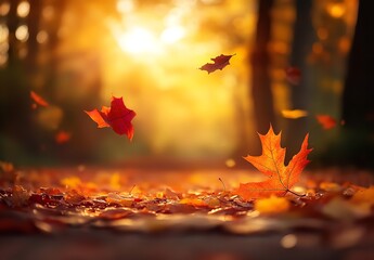 Vibrant Autumn Leaves Falling in Golden Light, Creating a Serene Forest Atmosphere