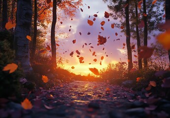Vibrant Autumn Leaves Falling on Forest Path at Sunset with Warm Orange and Purple Sky