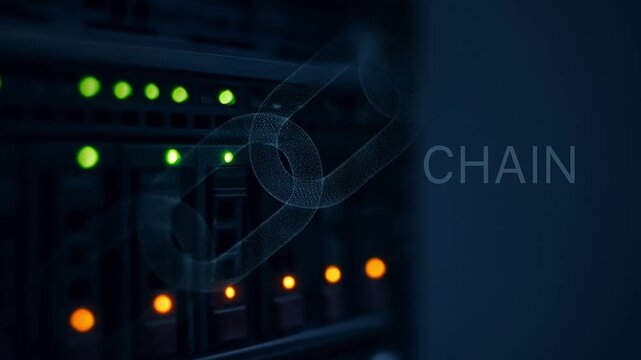 blockchain based system security concept. Digital representation of a blockchain with server lights.