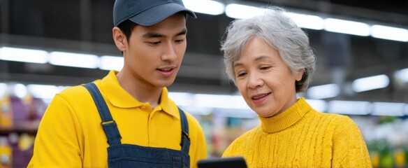 supermarket trainee seeking guidance from experienced colleague on complex inventory app