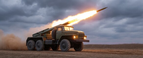 Obraz premium Rocket launcher firing a missile in a live demonstration exercise.