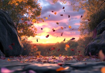 Vibrant Autumn Leaves Falling on Rocky Path at Sunset with Colorful Sky and Trees in Background