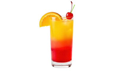 Isolated delicious Tequila Sunrise cocktail drink beverage in glass with orange cherry
