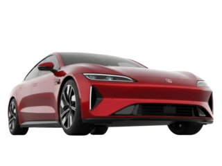 Isolated Red luxury electric sedan concept car for eco-friendly transportation solutions