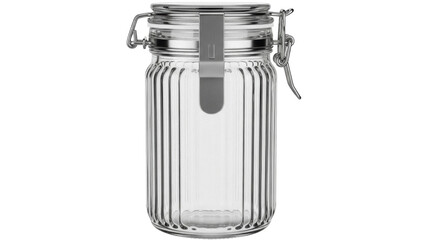 Isolated glass jar with lid and metal clasp, simple storage container, kitchen accessory