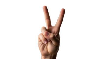 Isolated hand gesture with two fingers up, a peace or victory sign, on a clean background