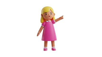 Isolated animated girl in a pink dress pointing forward, a 3D illustration, digital art