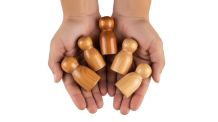 Isolated wood people figures in cupped hands represent connection, unity, belonging and group