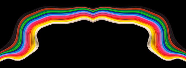 Obraz premium a wavy, multicolored ribbon-like pattern against a solid black background, abstract arrangement of vibrant, rainbow-colored paper strips appear to be curled or wavy, creating a dynamic visual effect