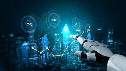 A futuristic robotic hand integrates seamlessly with data visualization elements, showcasing growth and analytics in a cutting-edge digital landscape. Scalp