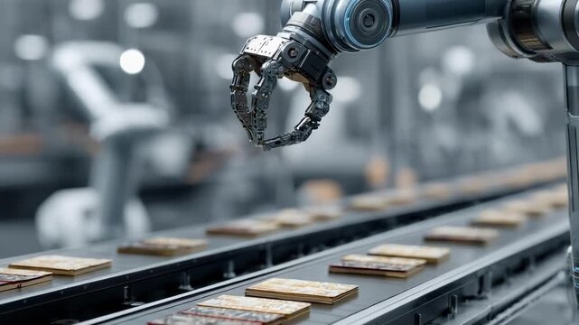 Industrial robot arm picking up square silicon wafers on an automated production line.