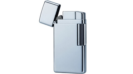 Isolated metal lighter is seen, with open top, shiny and chrome, a luxury object on display