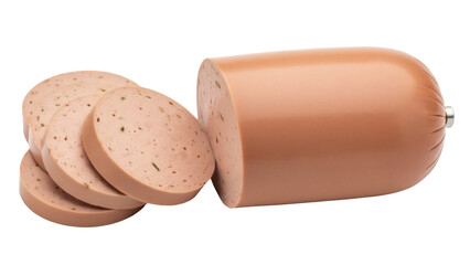 Isolated bologna loaf and sliced bologna stacked ready for sandwiches and lunch meat dishes © Maria