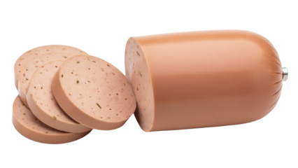 Isolated bologna loaf and sliced bologna stacked ready for sandwiches and lunch meat dishes