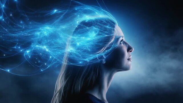 Woman with glowing abstract hair representing creativity and imagination in a digital art style