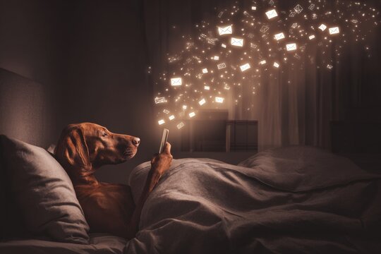 Delighted canine holds smartphone in midnight room. Email clutter solutions. The emotional burden of instant communication in the digital age. Dog's delight. Email overload effects. - Powered by Adobe